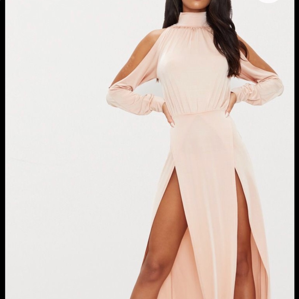 Nude High Neck Double Extreme Split Maxi Dress